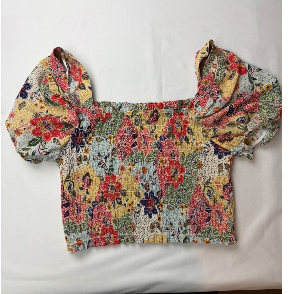 Monteau Los Angeles Floral Patchwork Smocked Puff Sleeve Top XL Multi Color